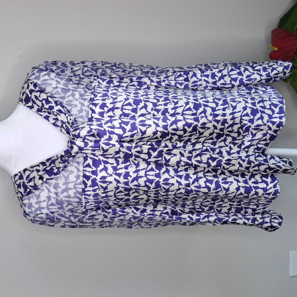 Tory Burch Silk Birds On Wire Tie Neck Blouse Long Sleeve Sheer Blue 6